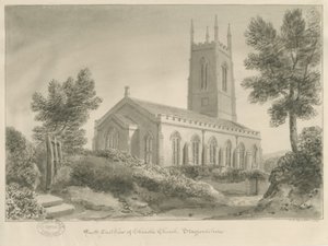 Cheadle Church: sepia tegning af John Chessell Buckler