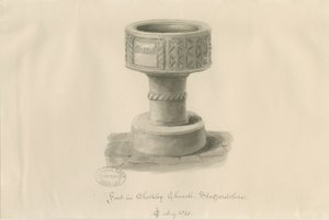 Skrifttype i Checkley Church: sepia-tegning, 1841 af John Chessell Buckler
