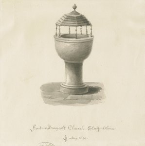 Skrifttype i Draycott i Moors Church: sepia-tegning af John Chessell Buckler