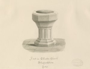 Skrifttype i Ellastone Church: sepia tegning af John Chessell Buckler