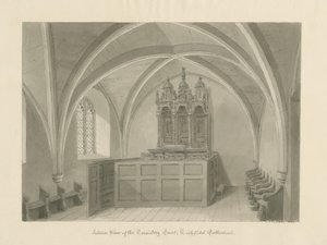 Interiør af Lichfield Cathedral - Consistory Court: sepia tegning af John Chessell Buckler