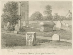 Rocester Church - Monumenter og kirkegård: sepia tegning af John Chessell Buckler