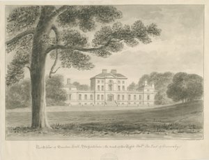 Sandon Hall: sepia vask tegning af John Chessell Buckler