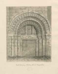 Tutbury Priory Church - South Doorway: sepia wash drawing, 1812dani af John Chessell Buckler