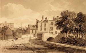 Udsigt over Mill Pond Bridge, Bermondsey af John Chessell Buckler