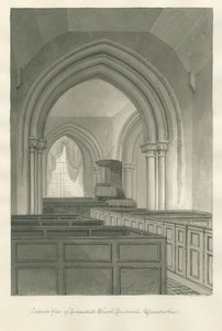 Worcestershire - Droitwich - Dodderhill Church Interiør: sepia tegning af John Chessell Buckler