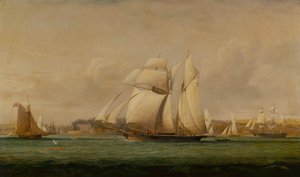 En Top Sail Schooner, To Royal Yacht Squadron Cutters og et amerikansk handelsskib (olie)