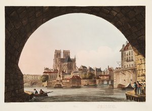 Broen over Hotel Dieu og Notre Dame-kirken, illustration fra Versailles, Paris og Saint Denis, pub. 1805 (akvatint) af John Claude Nattes