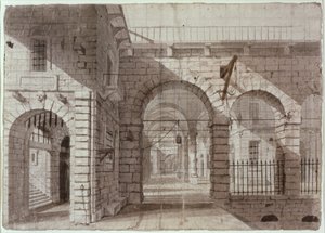 Newgate Prison Courtyard (blæk og vask på papir) af John Claude Nattes