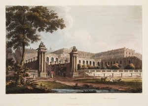 Versailles fra The Orangerie, illustration fra Versailles, Paris og Saint Denis, pub. 1805 (akvatint) af John Claude Nattes