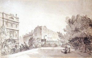 Udsigt over Fitzroy Square med to figurer, der trækker en haverulle, ca. 1808 (blæk og vask på papir) af John Claude Nattes