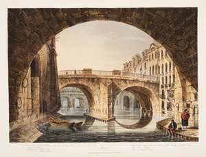 Udsigt taget fra under den første brobue af Hotel Dieu, den lille bro, en del af Hotel Dieu, illustration fra Versailles, Paris og Saint Denis, pub. 1809 (akvatint) af John Claude Nattes