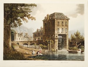 Mølle i Charenton, illustration fra Versailles, Paris og Saint Denis, pub. 1807 (akvatint) af John Claude after Nattes