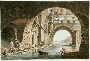 Vaskepladsen for Hotel-Dieu og Pont de la Tournelle, indgraveret af I. Hill, 1810 (akvatint) af John Claude after Nattes