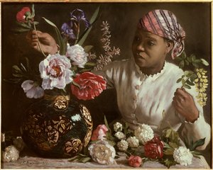 La negresse aux peonines Maleri af Frederic Bazille (1841-1870) 1870 Dim. 0,6x0,75 m Montpellier, musee Fabre - Den sorte kvinde med pæoner. Maleri af Frederic Bazille (1841-1870)