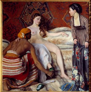 Orientalisme: "" Toilettet"" En ung hvid kvinde assisteret af sine to jomfruer har sit toilet. Maleri af Frederic Bazille (1841-1870) 1869 søn. 1,32x1,27 m Montpellier, Musee Fabre