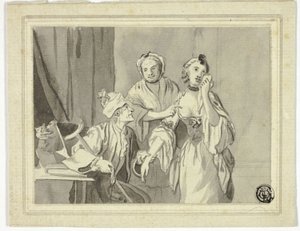 Litterær illustration: Gammel mand tilbageholder ung kvinde, som ledsages af ældre kvinde af John Collet