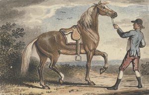 Stalddreng holder en hest i et landskab (wc på papir) af John Collet