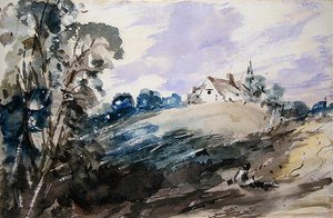 A Cottage on a High Bank (akvarel på papir) af John Constable