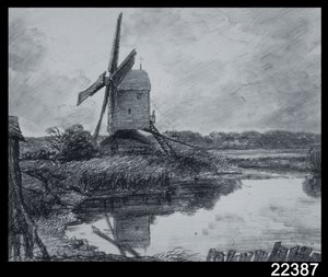 En mølle ved bredden af floden Stour (kul på papir) af John Constable