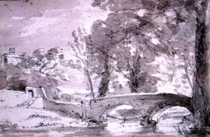 Bro med træer og bygninger, ved Haddon af John Constable