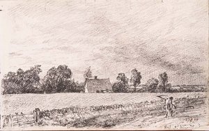 Sommerhuse og vej, Østre Bergholt, blyant af John Constable