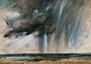 Regnstorm over havet, sølandskabsstudie med regnskyer, ca 1824-1828, af John Constable (1776-1837), olie på papir lagt på lærred, 22,2x31 cm af John Constable
