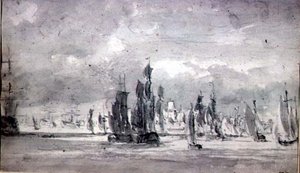 Skibsfart under en overskyet himmel i Themsen (grafit på papir) af John Constable