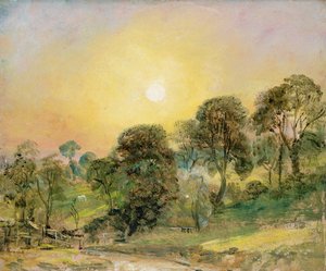 Træer på Hampstead Heath ved solnedgang (olie på papir)