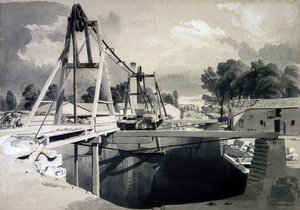 Fantastisk ventilerende skaft og hovedbeklædning, Kilsby Tunnel, 15. juli 1837 (pen & blæk og vask på papir) af John Cooke Bourne