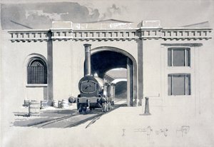 Locomotive Engine House, Camden Town, 1839 (pen & blæk og vask på papir) af John Cooke Bourne