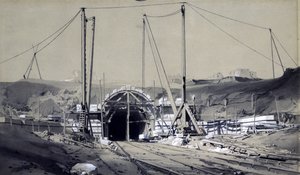 Primrose Hill Tunnel, april 1837 (pen & blæk og vask på papir) af John Cooke Bourne