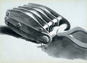 Remskive brugt i jernbanekonstruktion, 1833-38 (pen & blæk og vask på papir) af John Cooke Bourne