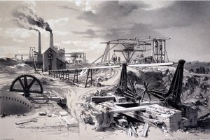 Pumper, ventilationsskakt, Kilsby Tunnel, Northamptonshire, 15. juli 1837 (pen & blæk og vask på papir) af John Cooke Bourne