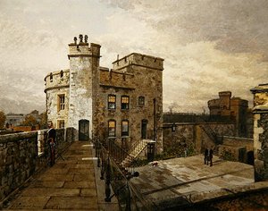 Udsigt over Devereux Tower, Tower of London, med figurer i militærbeklædning af John Crowther