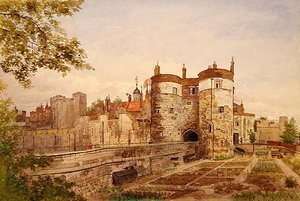 Udsigt over Tower of London, der viser Byward Tower, Beauchamp Tower, Devereux Tower og St. Thomas Tower af John Crowther
