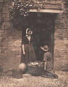 [To kvinder, en knælende og en stående, ser i kurv fyldt med grøntsager], 1853-56.