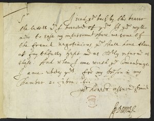 Cotton Julius C. III, f.153 Autografbrev fra John Donne til Sir Robert Cotton, skrevet fra fængslet, 20. februar 1601 (blæk på papir) af John Donne