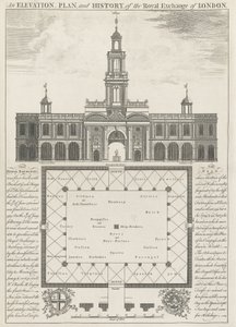 En højde, plan og historie af Royal Exchange of London