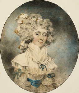 Portræt af fru Fisher, halv længde, i en hvid kjole prydet med blå bånd, 1788