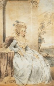 Portræt af dronning Charlotte, siddende ved et bord med et landskab hinsides, 1784