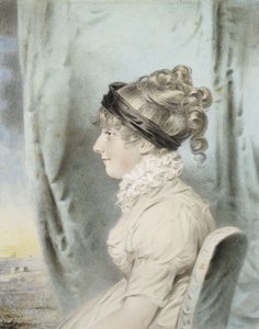 Portræt af en dame, identificeret som Eliza Were Holdsworth, siddende, halvlængde, i profil til venstre, i en hvid kjole og med et sort hårbånd, ved siden af draperi, med kystudsigt hinsides, 1804