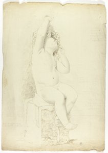 Gammel statue af siddende Putto, der leger med maske af John Downman
