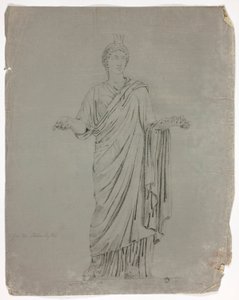 Antik statue af stående gudinde med udstrakte arme