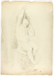 Gammel statue af siddende Putto, der leger med maske