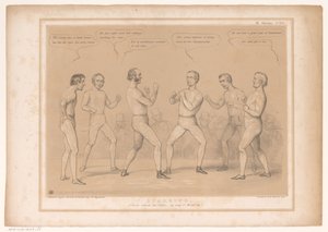 Spotprent mødte Lord Bentinck og Lord Lyndhurst i en bokswedstrijd Sparring. Et sæt til, uden handskerne, forresten Wind-up! (titel på objekt) HB Sketches (serietitel på objekt) af John Doyle