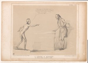 Spotprent mødte Roebuck og Lord Bentinck Et foredrag om elokution. Professoren håndhæver sine forskrifter ved eksempel (titel på objekt) HB Sketches (serietitel på objekt) af John Doyle