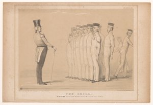 Spotprent mødte premier Peel als militaire instruktør Boret. Afvis - som du var (stabil der i bagerste række.) (titel på objekt) HB Sketches (serietitel på objekt) af John Doyle