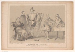Spotprent mødte premier Robert Peel og Joseph Hume Catherine og Petruchio. Designet af Mr. D