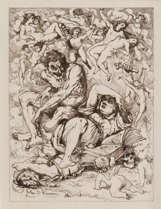 Liggende figur holder kors, djævelen sidder i nærheden omgivet af flydende figurer (ætsning) af John Duncan